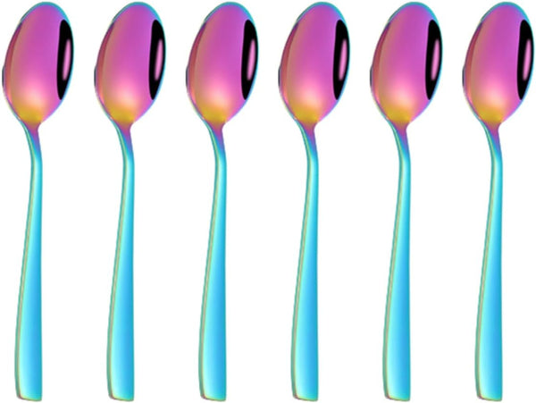 Rainbow Teaspoon Set of 6, 6 inches Mini Stainless Steel Silverware Dessert Spoons for Home, Kitchen, Restaurant,