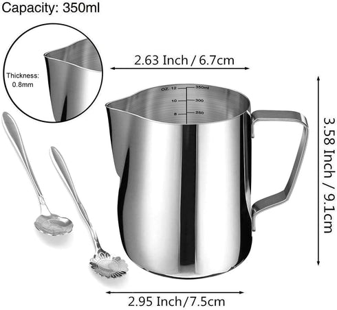 Milk Frothing Pitcher Cup, 12oz/350ML Stainless Steel Steaming Jug for Coffee Latte Art, Barista Accessories