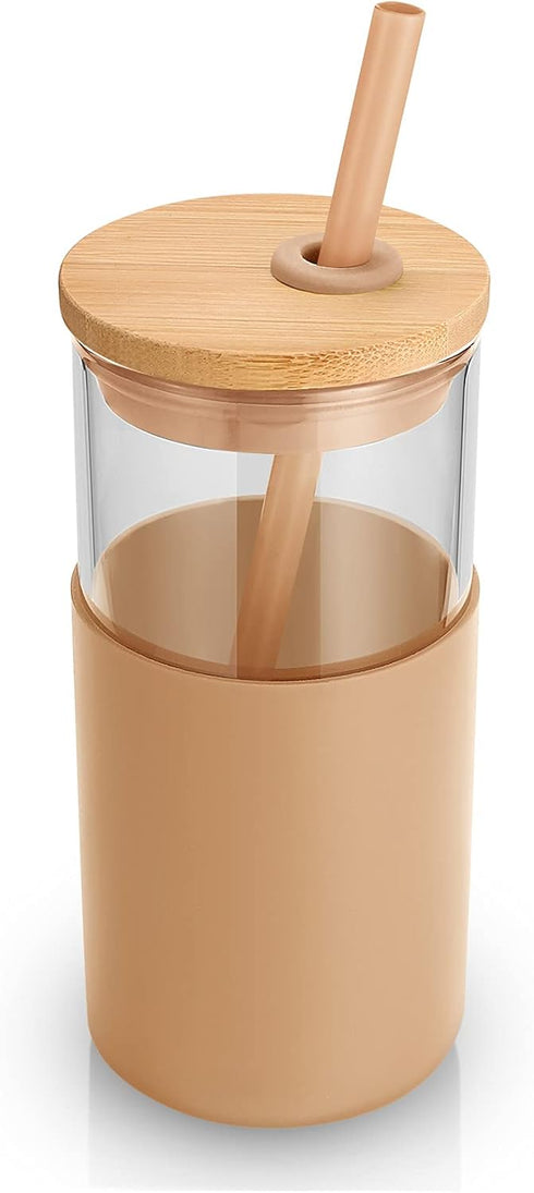 Tronco 16 oz Glass Tumbler with Straw and Bamboo Lid, Reusable Iced Coffee Cup with Silicone Protective Sleeve - BPA