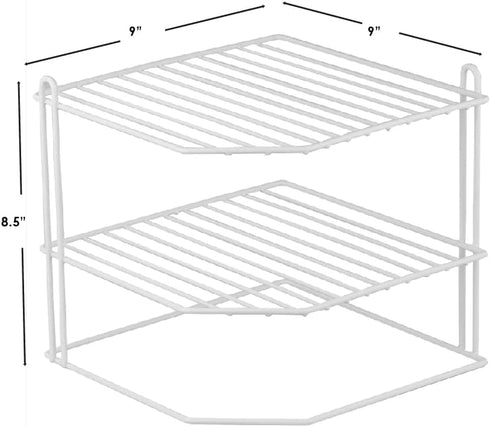 2-Tier 9x9x8.5in Home Basics Corner Rack, White, Vinyl Coated Steel, Rust Resistant, Shelf, Keeps Spices and Cups