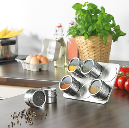 TEEM 6-Piece 75ml (2.5 oz) Countertops Stainless Steel Magnetic Spice and Condiment Organizer Kit Seasoning Jars
