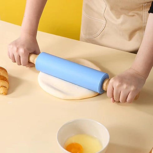 Silicone Rolling Pin with Non Stick Surface and Wooden Handle (Blue)