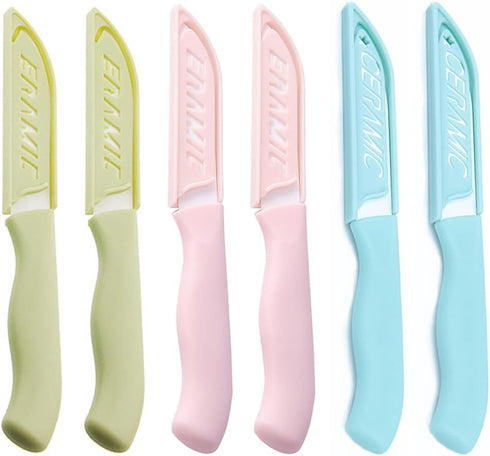 6 Pack Ceramic Paring Knife with Knife Cover, Lightweight Ceramic Knives for Fruit and Vegetable, Small Knife (Ceramic,