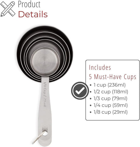 Stainless Steel Measuring Cups - 5 Piece Heavy Duty Set with Storage Ring