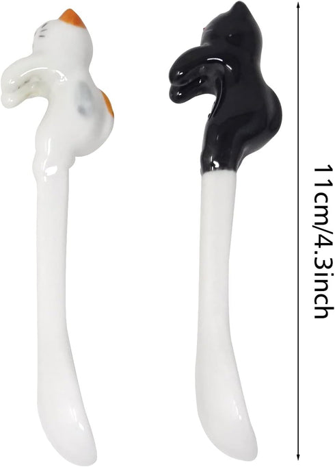 Honbay 2PCS Mini Cute Ceramic Cat Spoon Hangable Tea Spoon Coffee Spoon Sugar Spoon Cartoon Animals Hanging Spoons (Black)