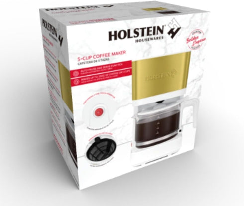 Holstein Housewares 5-Cup Coffee Maker, Pause N Serve, One-Touch Operation, Non-Stick Warming Plate, White and Gold