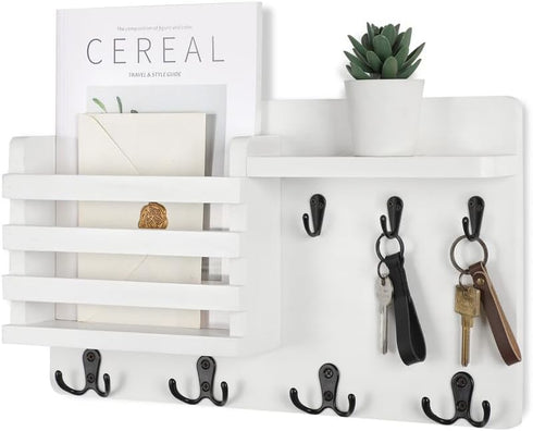Nekon Wall Mail Holder Organizer with Key Hooks, Natural Wood Letter Sorter with Floating Shelf, 16.8Inch x 10Inch