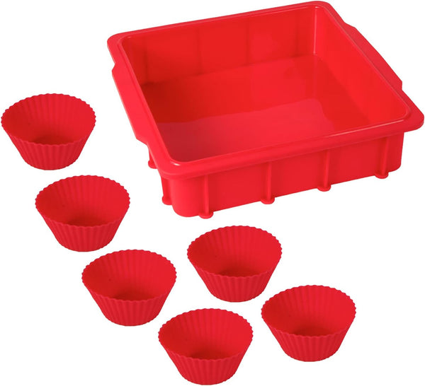 NuWave Silicone Baking Kit, 8x8-inch Baking Pan & Reusable Cupcake Liners, Red, 7pc