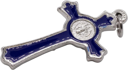 Hand Made St Benedict Cross Medal Crucifix, 3" Tall, Silver Plated with Blue Enamel