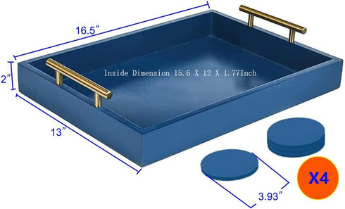 16.5X 13Deluxe 4 Serving Tray Wooden Ottoman Tray for Coffee Table with Polished Goldr Metal Handles and Coasters