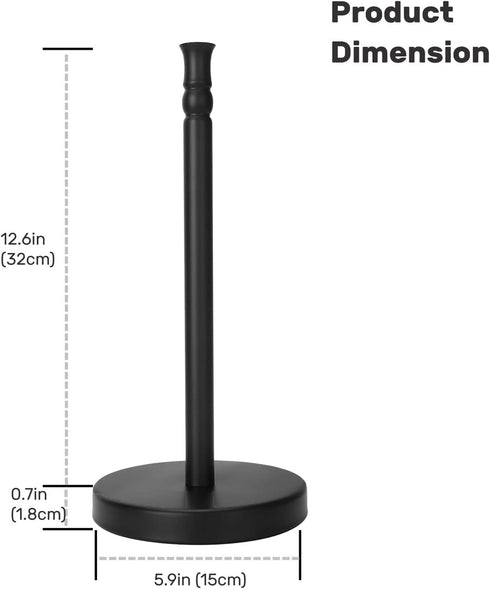 Black Paper Towel Holder Stand with Heavy Weighted Stainless Steel Base, Free Standing Holder, Matte Black