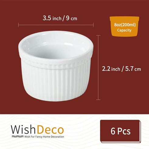 Ramekins Set of 6, 8 oz White Porcelain Dipping Sauce Dishes for Baking, Souffle, and Custard
