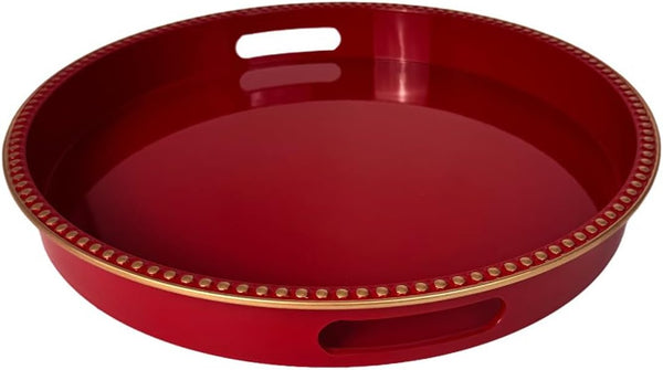 Red Decorative Tray for Coffee Table, Round Beaded Plastic Serving Tray forKitchen