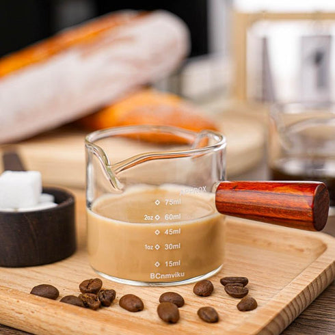 1 Pack Double Spouts Measuring Triple Pitcher Milk Cup with Wood Handle - 75ML Espresso Shot Glasses Parts Clear Glass