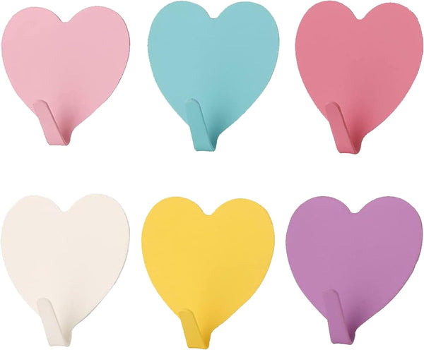 6 Pack Heart Shaped Decorative Wall Hooks, Stainless Steel Strong Adhesive Hooks for Home Kitchen Bathroom