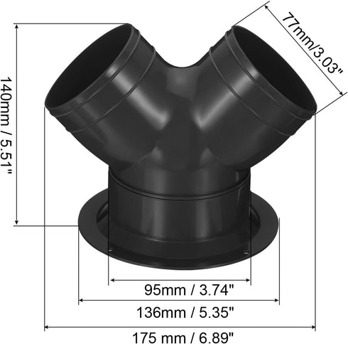 PATIKIL 3 Way Duct Splitter, 3"x3"x4" Y Reducer Connector Air Vent Duct Hose Exhaust Pipe Adapter with Flange for Dryer Exhaust Fan Vent Systems HVAC, Black