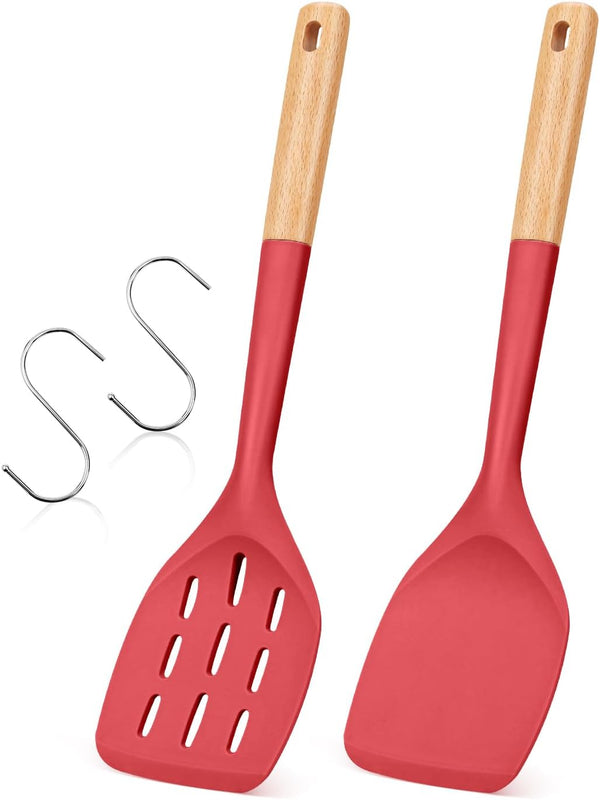 Pack of 2 Silicone Spatula, Non Stick Cooking Utensil Set with Wooden Handle for Baking, Mixing, Grilling, Red