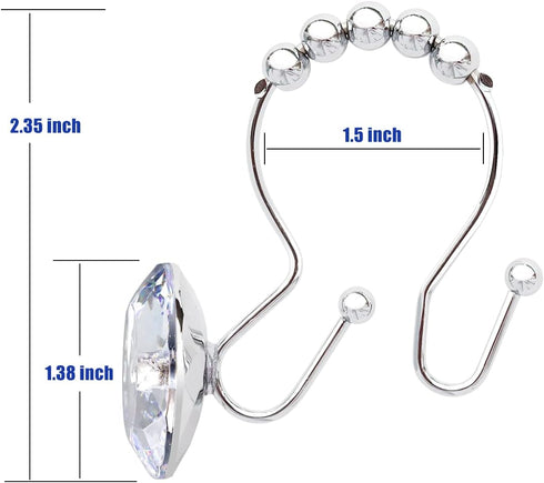 Shower Curtain Hooks Rings, 12PCS Double Hooks Glide Anti Rust Crystal Rhinestones for Shower Curtains