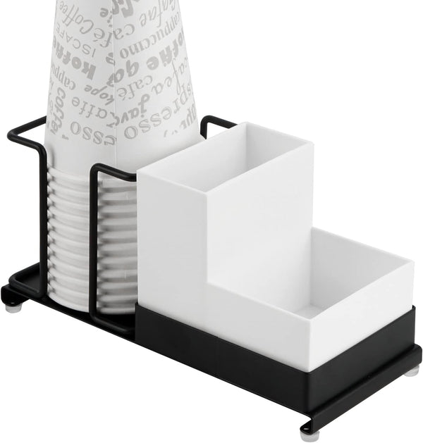 Coffee Station Organizer for Countertop, Black Disposable Cup Holder with 2 Compartment Storage Box