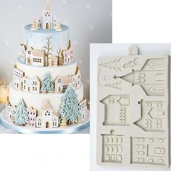 3D Christmas Tree House Silicone Mold for Fondant Cake Decor, Chocolate Sugarcraft Gingerbread Baking Mould