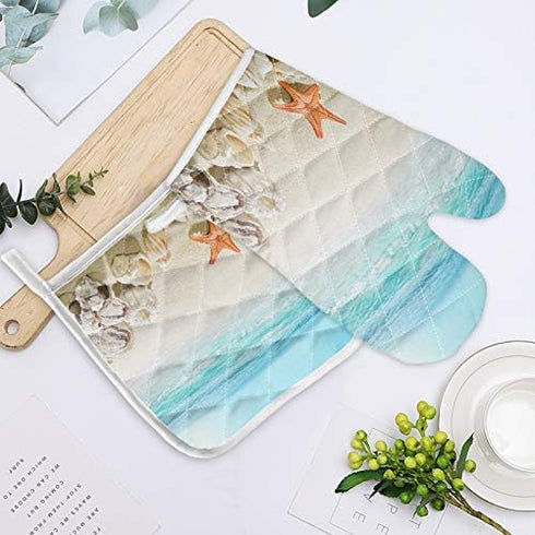 Sandy Beach Set of Oven Mitt and Pot Holder, Starfish Seashell Theme Oven Gloves for Kitchen BBQ Cooking
