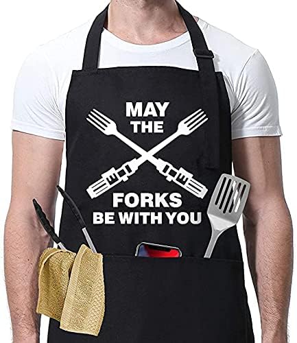 Funny Grill Aprons for Men - May The Forks Be With You, Cooking Apron for Movie Fans, Grilling Gifts for Fathers Day