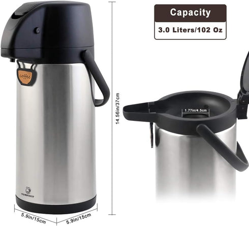 3L/102 Oz Thermal Airpot Coffee Dispenser with Pump, Insulated Stainless Steel Carafe for Hot/Cold Water and Coffee