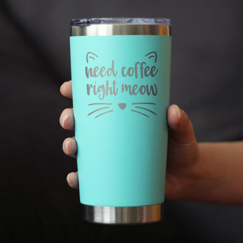 Bevvee Need Coffee Right Meow - Insulated Coffee Tumbler Cup with Sliding Lid, Stainless Steel Mug - Cat Themed Gifts -
