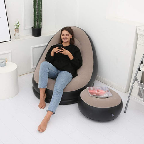 iayokocc Inflatable Lounge Chair for Adults, Folding Portable Lazy Sofa with Foot Stool Lazy Flocking Recliner Chair