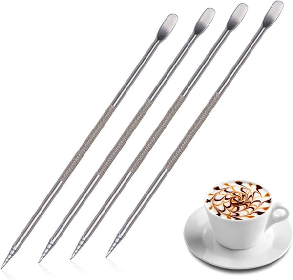 4 Pcs Stainless Steel Coffee Art Pen - Fancy Stitch Barista Tool for Home Kitchen Cafe Cappuccino Latte Spatula Needle