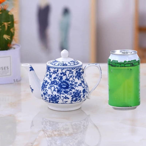 123Arts Ceramic Teapot, Blue and White Tea Pot for Home Office, 13 Oz