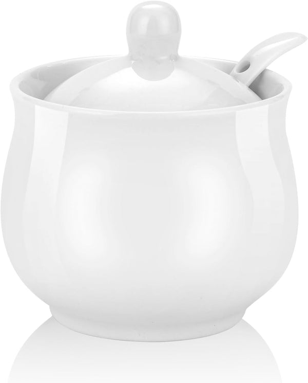 TkoYuHm 7oz Farmhouse White Ceramic Sugar Bowl with Lid and Spoon Salt Container