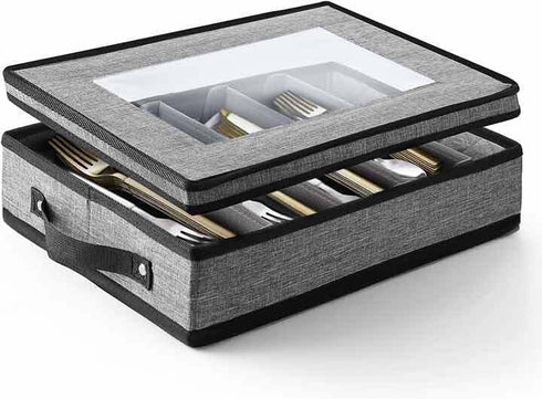 Durable Silverware Storage Box - 5 Compartment Flatware Case with Padded Dividers, Handles, Removable Lid