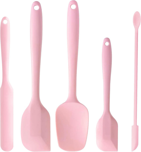 5 Piece Pink Silicone Spatula Set, Heat Resistant Rubber Utensils for Nonstick Cookware Baking
