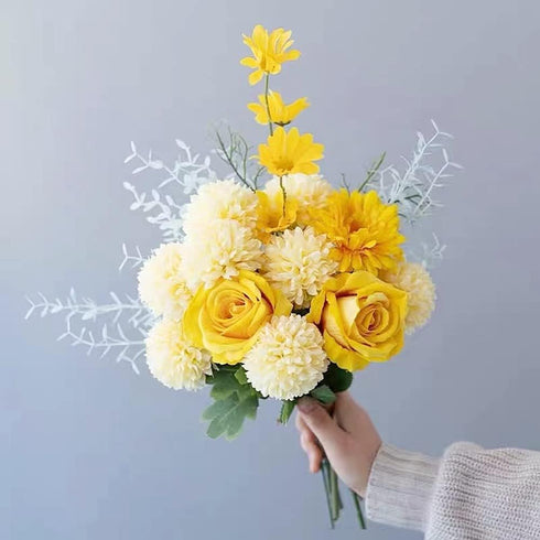 Jasion Artificial Roses Flowers - 10 Heads Silk Bouquet for Home Office Parties and Wedding Decoration (Yellow)