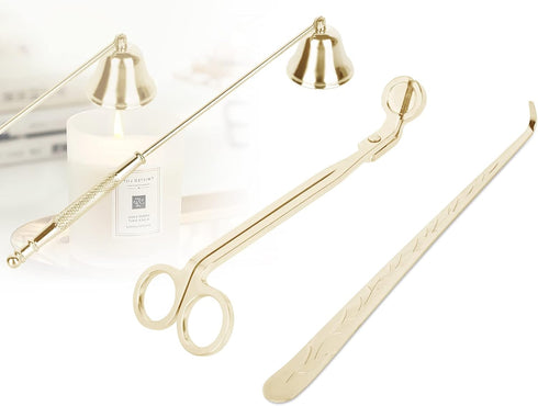 3 in 1 Candle Snuffer Kit, Long Handle Extinguisher, Wick Trimmer, Cutter, Dipper - Gold