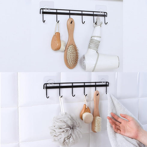 2Pcs Kitchen Utility Hooks - Wall Mount Utensil Rack with 6 Hooks, Space Saving Kitchen Holder (Black)