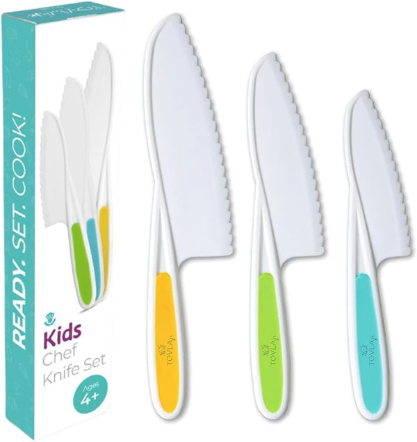 Tovla Jr. 3-Piece Kitchen Knives Set for Kids: Montessori Children's Cooking & Baking Knives in 3 Sizes & Colors