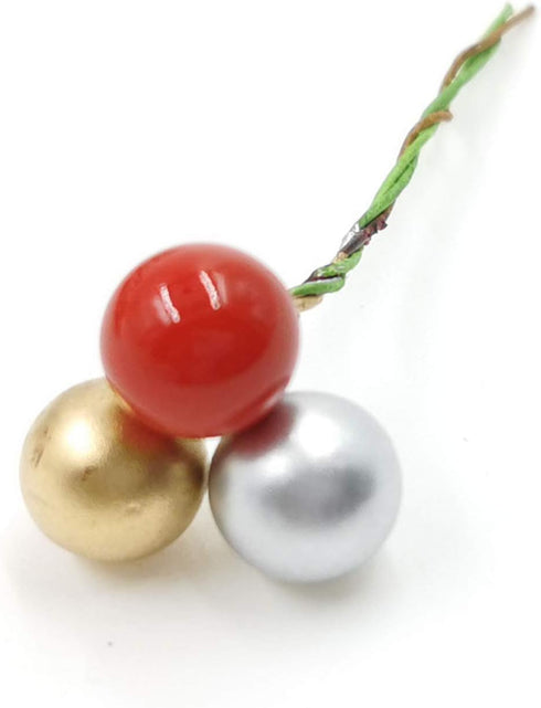 Artificial Holly Berries, 10 mm Fake Berries on Wire for Christmas Tree Decorations, 300 Pieces (Red+Gold+Silver)