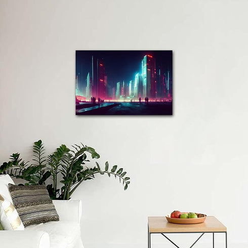 Wall Art Black and White Pictures for Living Room, Cyberpunk City Painting Prints on Canvas, 24x16 in House Decor