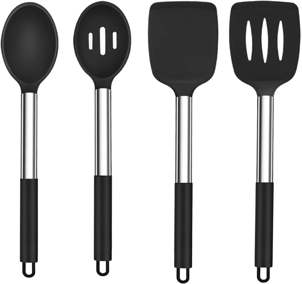 TeamFar Kitchen Utensils, 4 Pcs Silicone Cooking Spatula Spoon Set with Stainless Steel Handle, Non-stick & Dishwasher