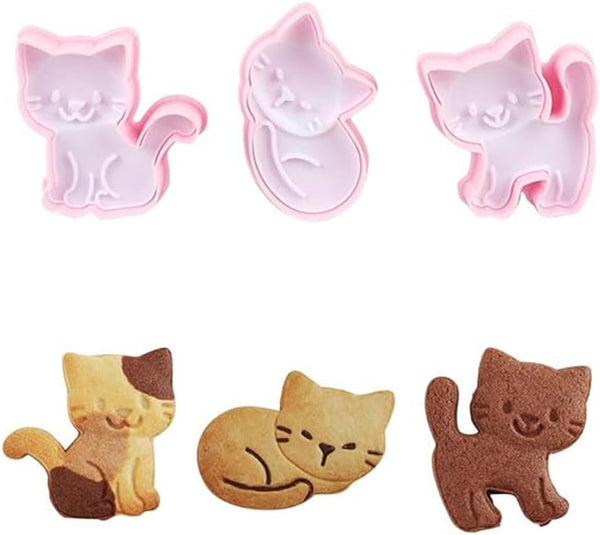 Cookie Cutters Cat Shape, 3PCS Animal Cookie Stamps for Baking, Pink
