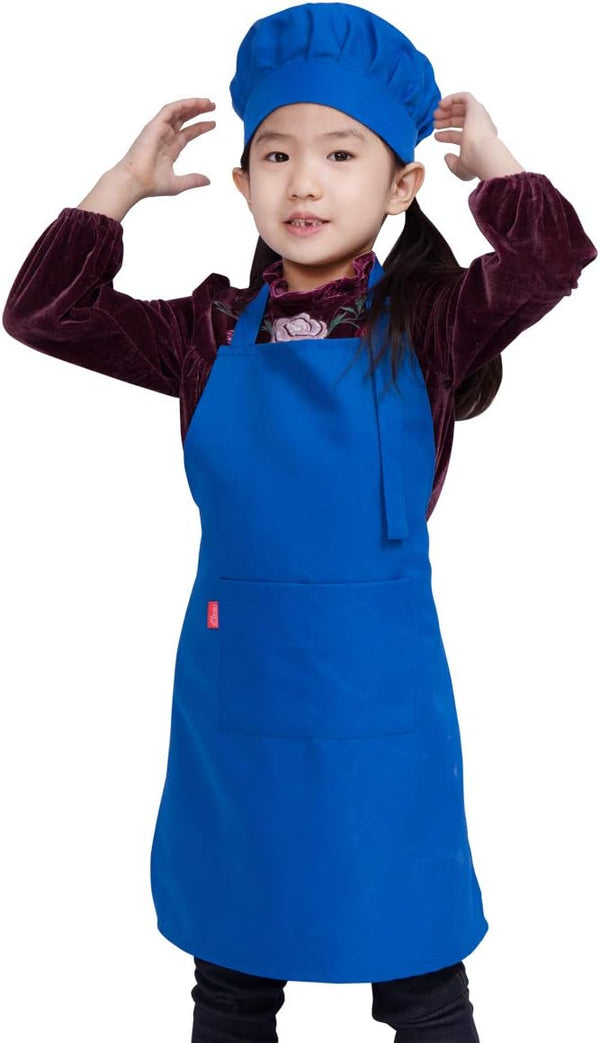 Kids Apron and Chef Hat Set, Adjustable Bib Apron with 2 Pockets for Cooking and Baking (6-12 Year, Blue)