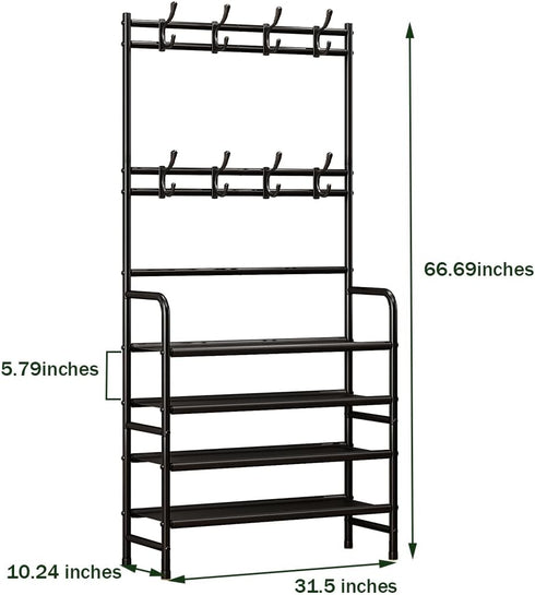 8 Closet 4 Coat Rack Shoe Rack With Storage Shelf Freestanding with Hooks for Entryway Bedroom Tier, Black