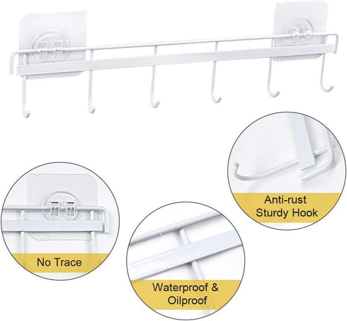 YiZhi Wall Mounted Adhesive Hooks Rack, Space Saving Utensil Holder with 6 Hooks, No Drilling, Pack of 2 (White)