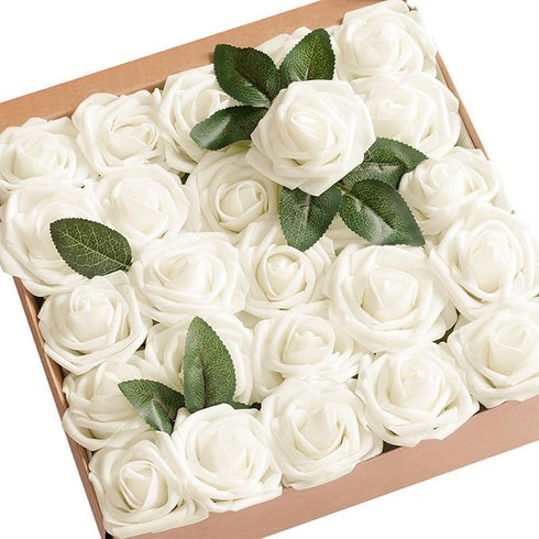 Ling's Moment 25Pcs Ivory Roses Decor with Stems, 3" Real Touch Foam Floral for Wedding Bouquets, Centerpieces