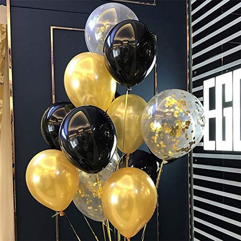 Gold Black Latex Balloons Mix with Clear Confetti Balloons for Party Decorations - 12" (Pack of 40)