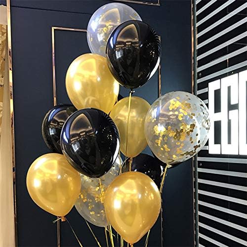 Gold Black Latex Balloons Mix with Clear Confetti Balloons for Party Decorations - 12" (Pack of 40)