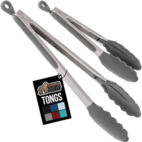 GORILLA GRIP Stainless Steel Heat Resistant Kitchen Tongs - 9 + 12 Inch Set of 2 BBQ Tong with Non Scratch Silicone Tip