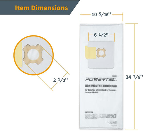 POWERTEC HPB1PK Vacuum Bags for AstroVac, 3PK Replacement Dust Bags for Central Vacuum Systems & Vacumaid (75044)